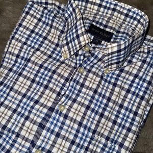 Scott Barber Men's XL Blue Tan Plaid Button Down Shirt Short Sleeve Cotton